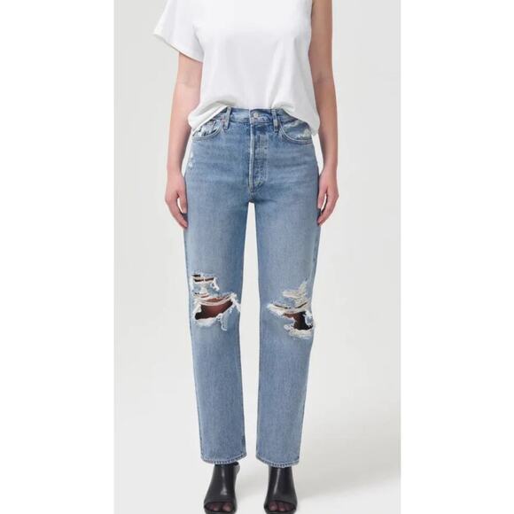 Agolde 90's Mid Rise Loose Fit Jeans Fall Out Women's 32 Light Wash Distressed